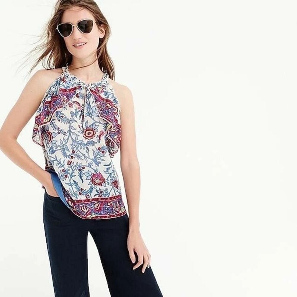 Point Sur Women's Red Blue Floral Print Ruffle Block Print Blouse Top Size 12